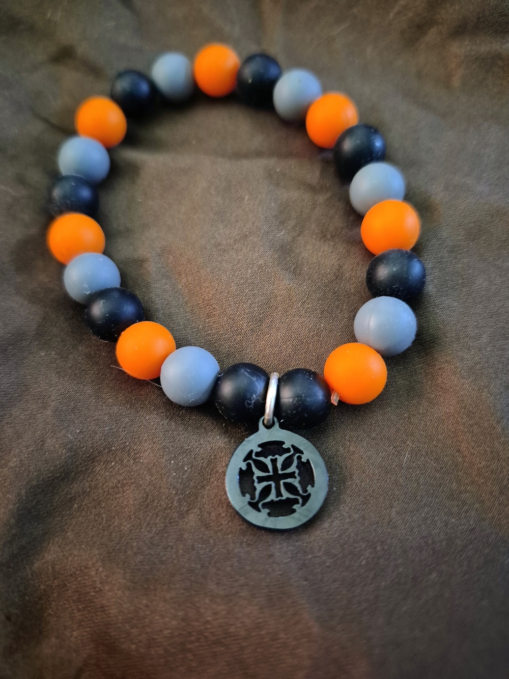 Rustic Cuff Beaded Bracelet with Cross Medallion - Orange, Black & Gray